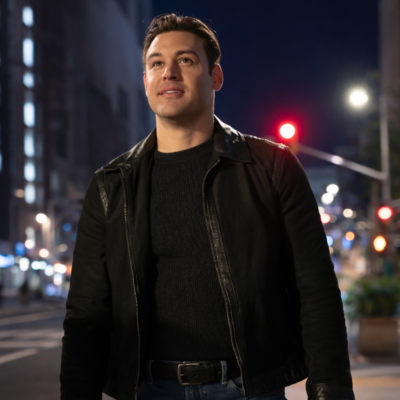 Man wearing a black leather jacket standing on a city street at night with blurred lights in the background