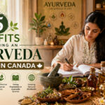 Ayurveda study scene with herbs, oils, and a student in a calm setting, featuring text “Top 5 Benefits of Getting an Ayurveda Diploma in Canada.
