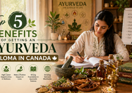 Ayurveda study scene with herbs, oils, and a student in a calm setting, featuring text “Top 5 Benefits of Getting an Ayurveda Diploma in Canada.