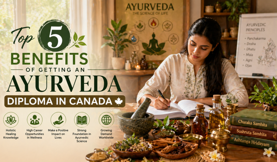Ayurveda study scene with herbs, oils, and a student in a calm setting, featuring text “Top 5 Benefits of Getting an Ayurveda Diploma in Canada.