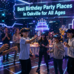 Futuristic VR birthday party in Oakville with kids and adults wearing headsets, interacting with a floating holographic cake and neon digital decorations under a glowing “Best Birthday Party Places in Oakville for All Ages” sign