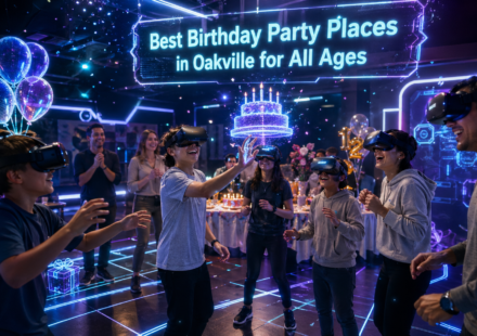 Futuristic VR birthday party in Oakville with kids and adults wearing headsets, interacting with a floating holographic cake and neon digital decorations under a glowing “Best Birthday Party Places in Oakville for All Ages” sign