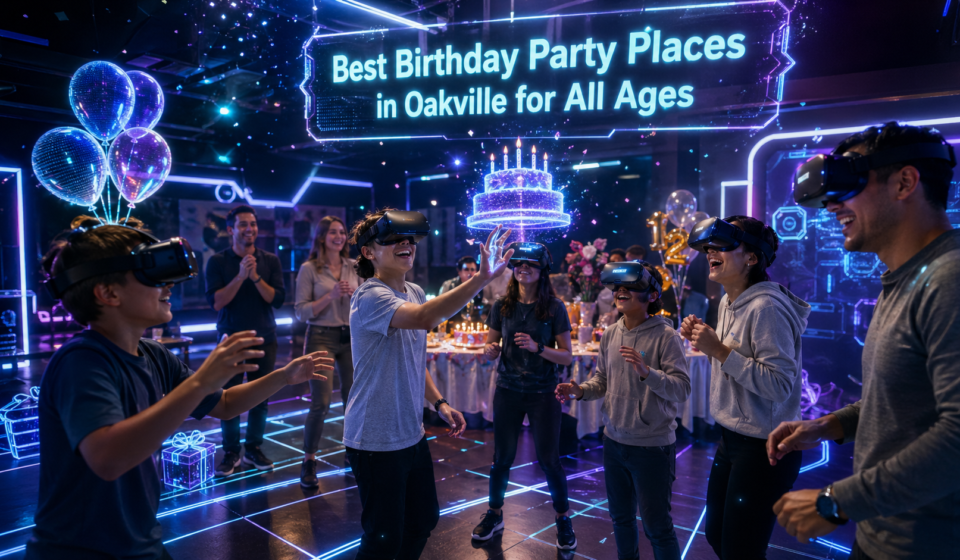 Futuristic VR birthday party in Oakville with kids and adults wearing headsets, interacting with a floating holographic cake and neon digital decorations under a glowing “Best Birthday Party Places in Oakville for All Ages” sign