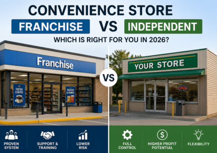 Split-screen infographic showing “Convenience Store Franchise vs Independent” in 2026. Left side shows a branded franchise store with support, training, and lower risk.
