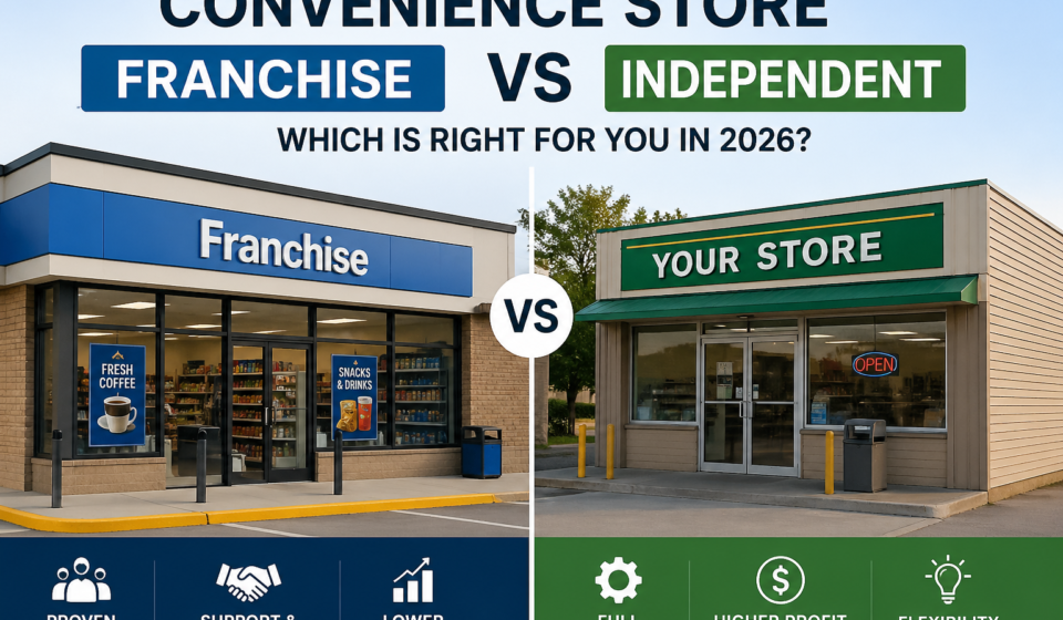 Split-screen infographic showing “Convenience Store Franchise vs Independent” in 2026. Left side shows a branded franchise store with support, training, and lower risk.