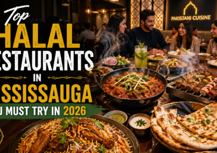 Halal Pakistani dishes on a warm-lit restaurant table with diners in the background and text “Top Halal Restaurants in Mississauga You Must Try in 2026”