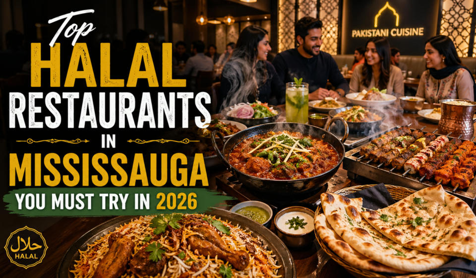 Halal Pakistani dishes on a warm-lit restaurant table with diners in the background and text “Top Halal Restaurants in Mississauga You Must Try in 2026”