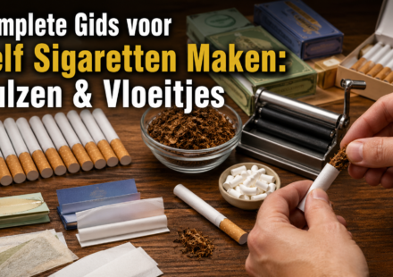 Hand rolling cigarette with hulzen, tobacco, and vloeitjes on wooden table.
