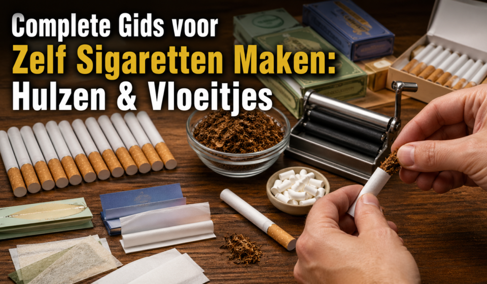 Hand rolling cigarette with hulzen, tobacco, and vloeitjes on wooden table.