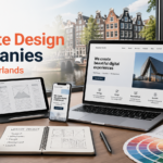 Workspace with responsive web design screens and Amsterdam backdrop, titled “Best Website Design Companies in the Netherlands.”