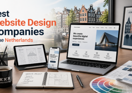 Workspace with responsive web design screens and Amsterdam backdrop, titled “Best Website Design Companies in the Netherlands.”
