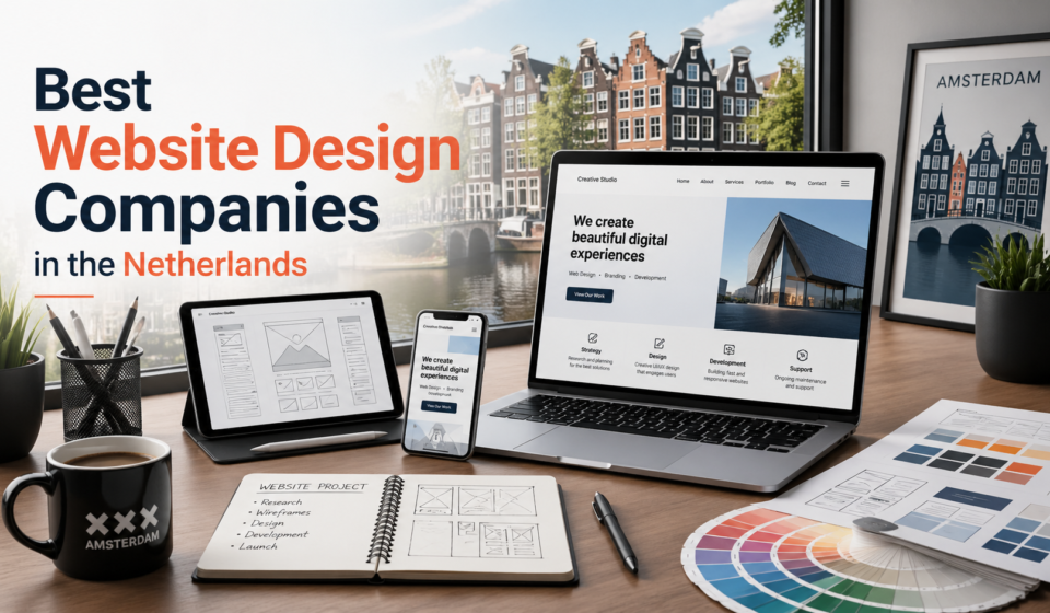 Workspace with responsive web design screens and Amsterdam backdrop, titled “Best Website Design Companies in the Netherlands.”