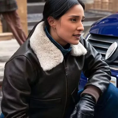 FBI Dani Rhodes shearling leather jacket inspired by the TV series FBI, featuring a warm fur collar and premium black leather design.