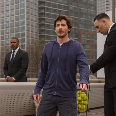 Logan Lerman blue hoodie from Only Murders in the Building Season 5, featuring a stylish fleece zip-up design with hooded collar and casual fit.