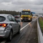 Car recovery after accident in UK showing broken down car on hard shoulder with recovery truck arriving and driver staying safe behind barrier