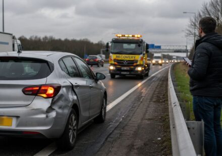 Car recovery after accident in UK showing broken down car on hard shoulder with recovery truck arriving and driver staying safe behind barrier