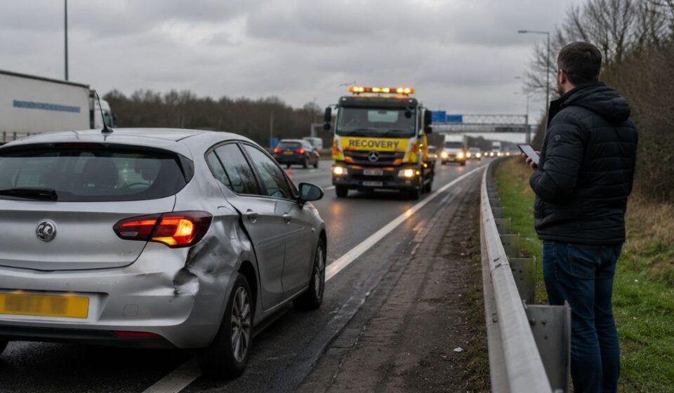 Car recovery after accident in UK showing broken down car on hard shoulder with recovery truck arriving and driver staying safe behind barrier
