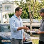 A car owner in a Brisbane driveway negotiating with a professional car buyer next to a blue sedan and a white tow truck, holding a clipboard and cash.