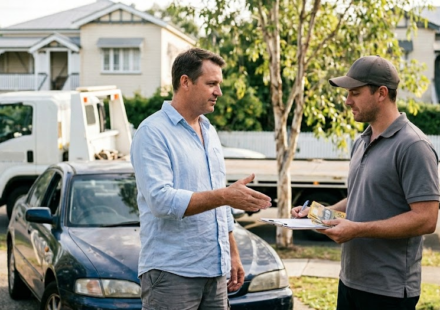A car owner in a Brisbane driveway negotiating with a professional car buyer next to a blue sedan and a white tow truck, holding a clipboard and cash.