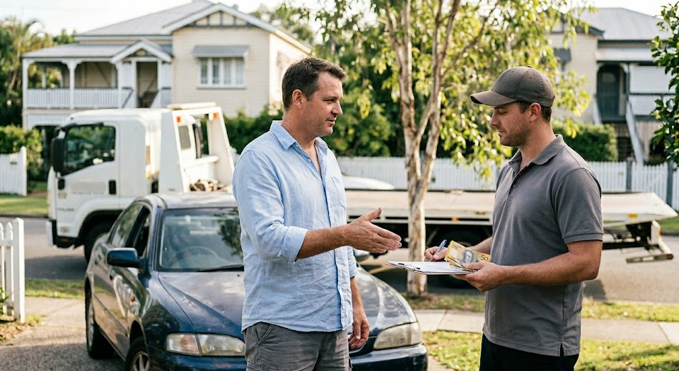 A car owner in a Brisbane driveway negotiating with a professional car buyer next to a blue sedan and a white tow truck, holding a clipboard and cash.