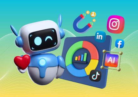 AI Social Media Management Tool dashboard showing automated content scheduling, analytics tracking, audience engagement insights, and digital marketing performance metrics.