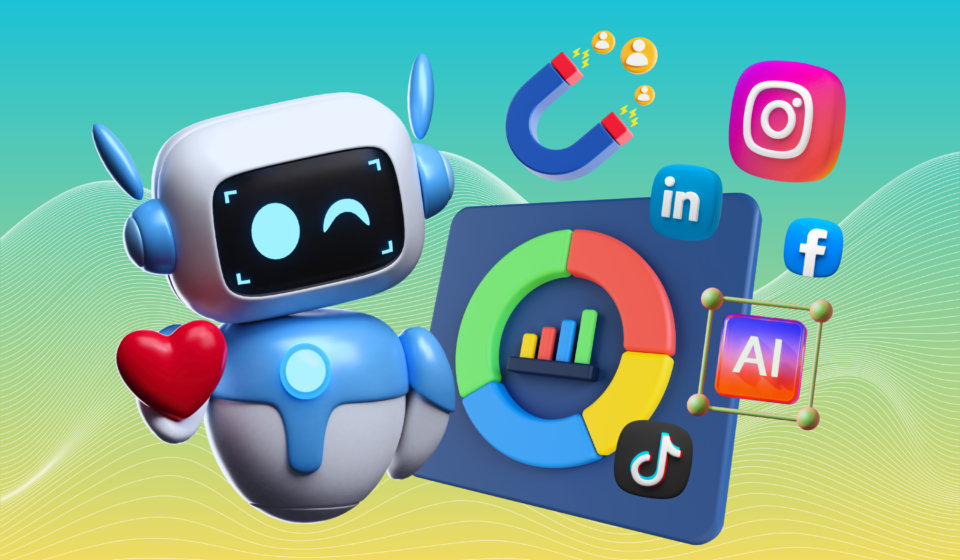 AI Social Media Management Tool dashboard showing automated content scheduling, analytics tracking, audience engagement insights, and digital marketing performance metrics.