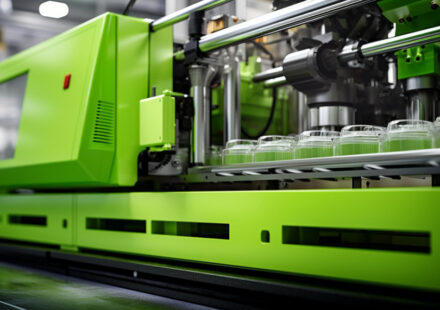 close-up image of a green plastic injection molding machine