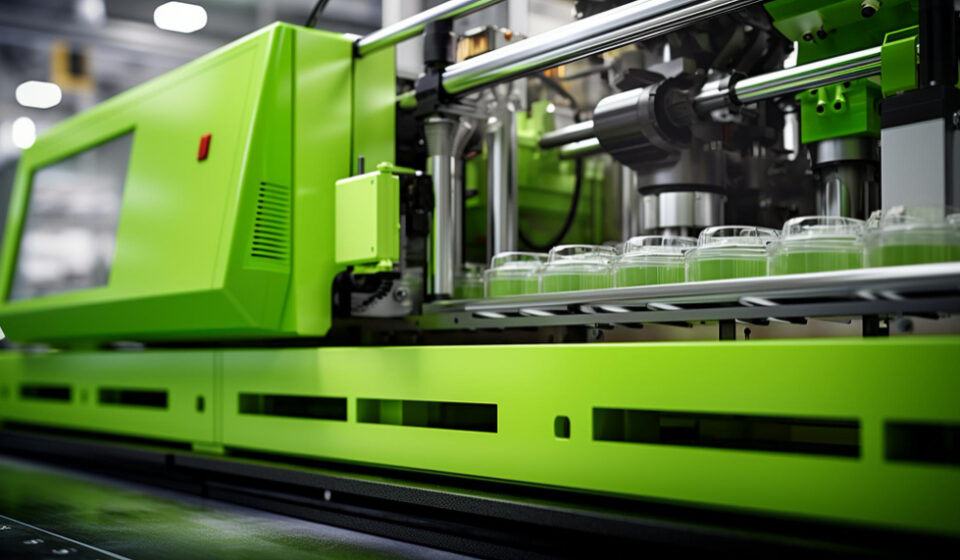 close-up image of a green plastic injection molding machine