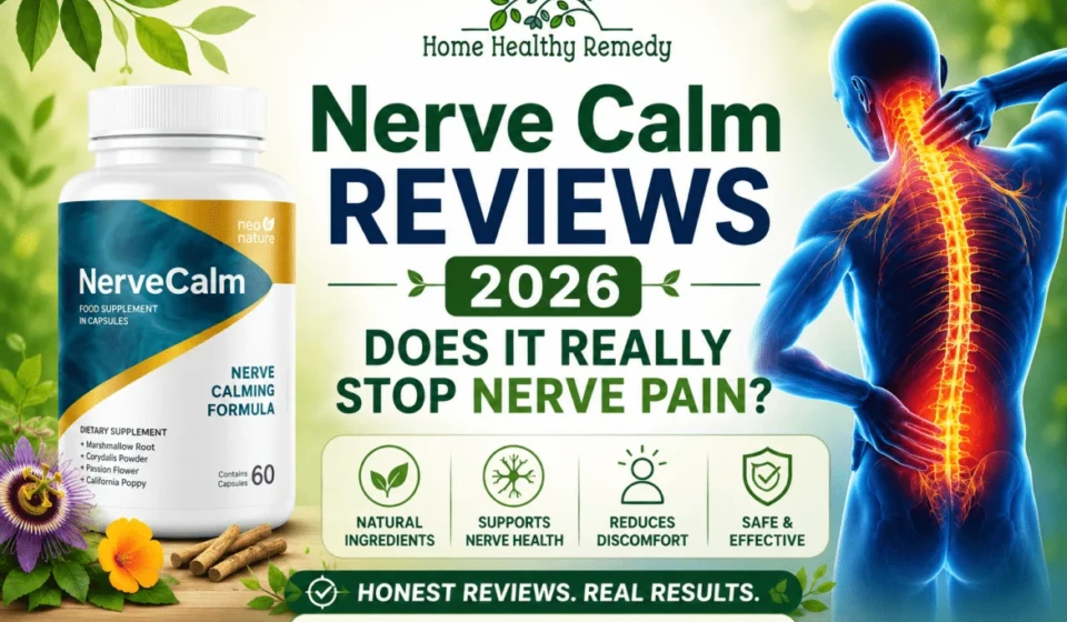 Create a premium health-review featured image in 1024 x 1000 px resolution for the headline "Nerve Calm Reviews 2026: Does It Really Stop Nerve Pain?". Design a dynamic split-scene layout showing a mature adult man or woman on the left side experiencing visible nerve discomfort represented by glowing red nerve pathways, while the right side shows the same person smiling confidently, enjoying an active lifestyle with bright blue neural energy effects and a healthy appearance. Position a realistic supplement bottle on a futuristic glass pedestal in the center, surrounded by digital holographic health graphics. Add eye-catching icons including a neural network symbol, DNA strand icon, wellness shield, leaf-based natural formula emblem, five-star review badge, scientific research icon, customer satisfaction seal, mobility symbol, quality-certified logo, and brain-to-body connection graphics. Use an advanced medical-tech color palette featuring electric blue, silver, white, teal, and gold accents. Create floating infographic callouts around the bottle with labels such as "Nerve Support", "Natural Ingredients", "2026 Review", and "Consumer Choice". Add subtle glowing nerve illustrations running across the background to emphasize nerve health and comfort. Display the title in large, bold, modern typography with a high-contrast design. Include a circular "Honest Review" stamp and a "Trending in 2026" badge for added visual appeal. The overall design should look like a premium wellness magazine cover combined with a professional supplement review website, featuring ultra-realistic photography, cinematic lighting, high detail, sharp focus, luxury branding, and exceptional click-through appeal.