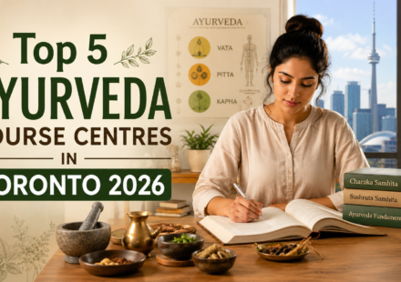 Ayurveda student studying with herbal materials in Toronto for Ayurveda course centres in 2026.
