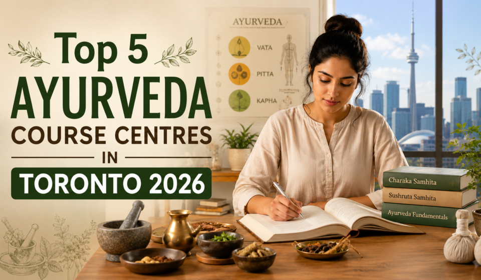 Ayurveda student studying with herbal materials in Toronto for Ayurveda course centres in 2026.