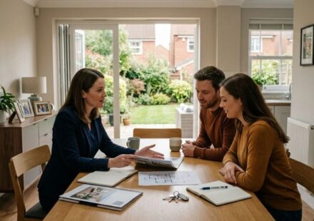 Estate agent explaining property details to UK home buyers