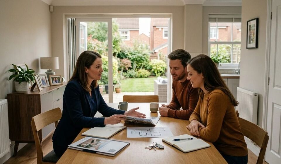 Estate agent explaining property details to UK home buyers