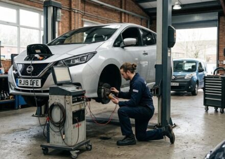 Electric car being inspected during a professional EV service