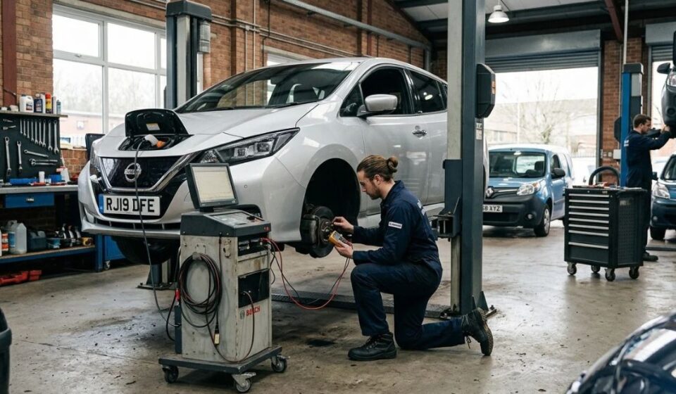 Electric car being inspected during a professional EV service